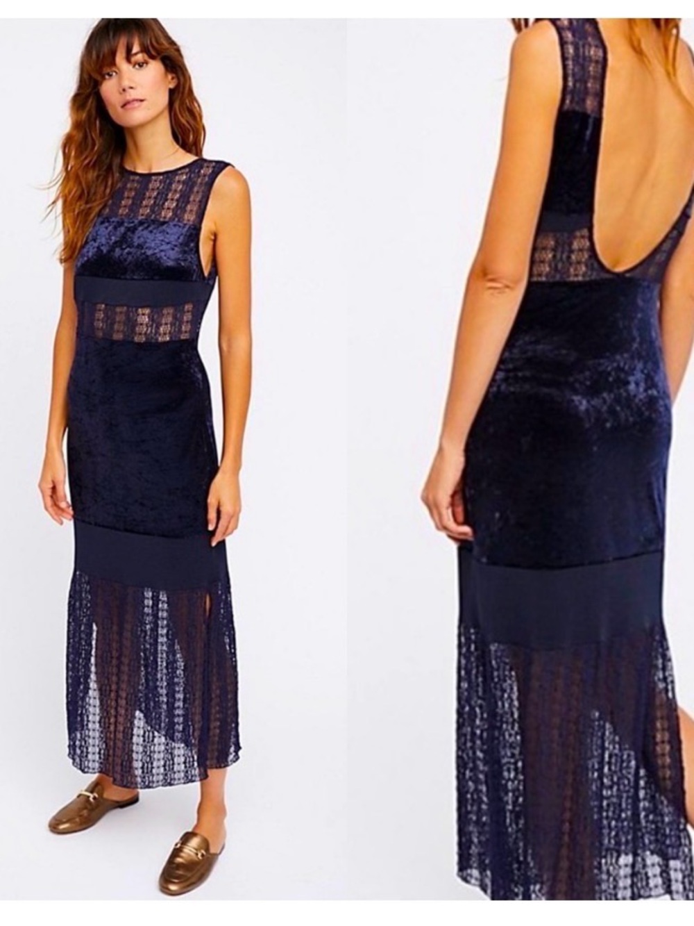 Free People Keep In Line Navy Lace & Velvet Midi Dress
